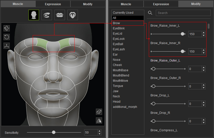The Settings Relations in Muscle, Expression and Modify Tabs